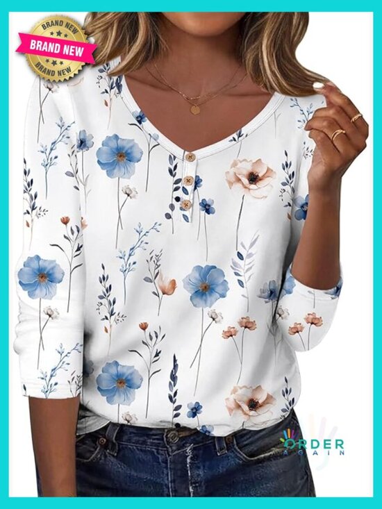 Tops - V Neck Loose Fit Long Sleeve Blouse Business Casual Floral Print Work Top